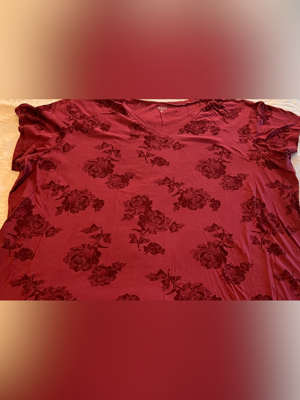 torrid Burgundy V-Neck Floral Burnout Short Sleeve Tee